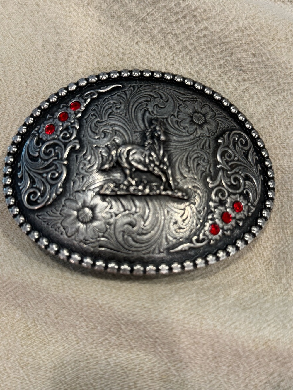 Equestrian country western horse belt buckle silver tone red gem